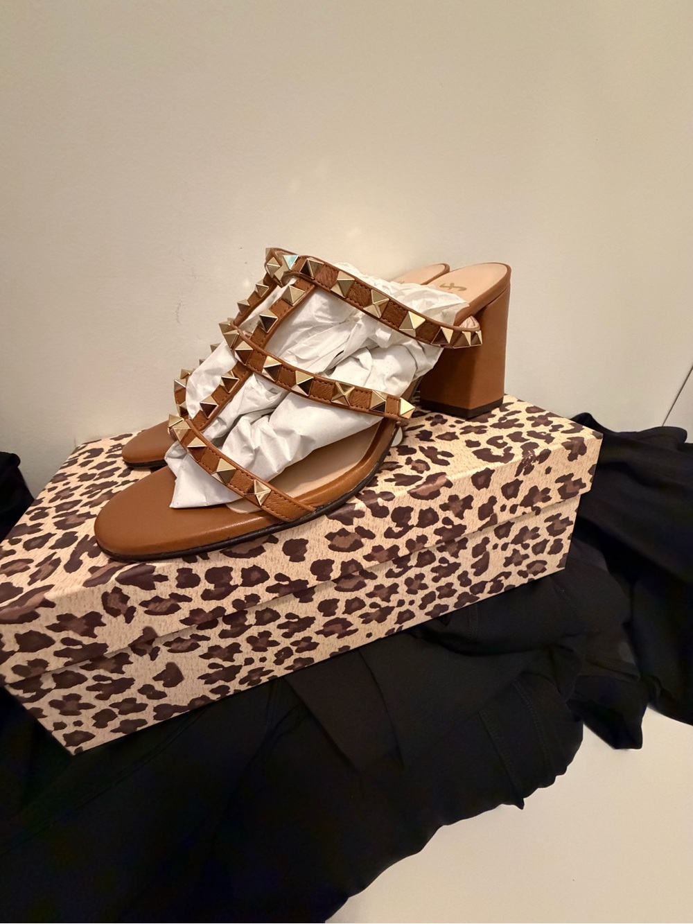 French Sole Foster Studded Block Heel Sandals in Cognac Leather - Picture 4 of 5